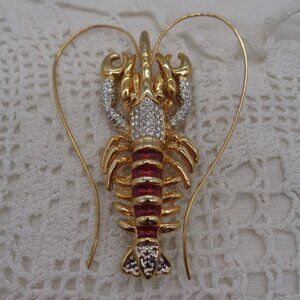 Vintage Rhinestone Crystal & Red Enamel LOBSTER BROOCH Gold Tone